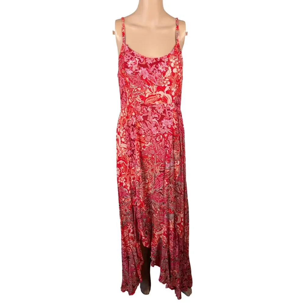 Free People Intimately Forever Yours Paisley Ruffle Maxi Slip Dress Red Pink M